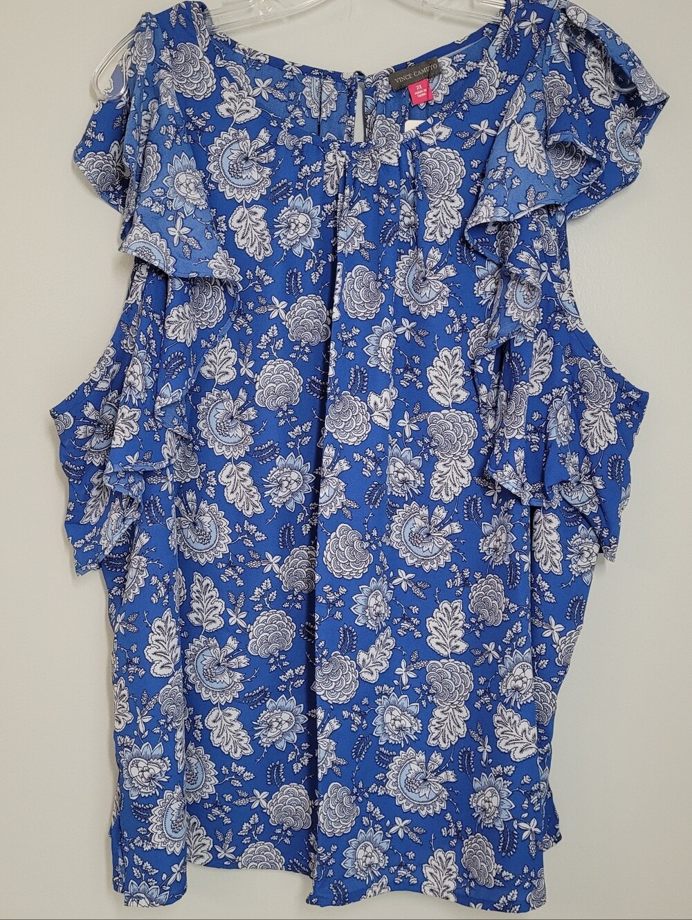 Vince Camuto Blue Floral Ruffle Sleeveless Blouse 2X NWOT